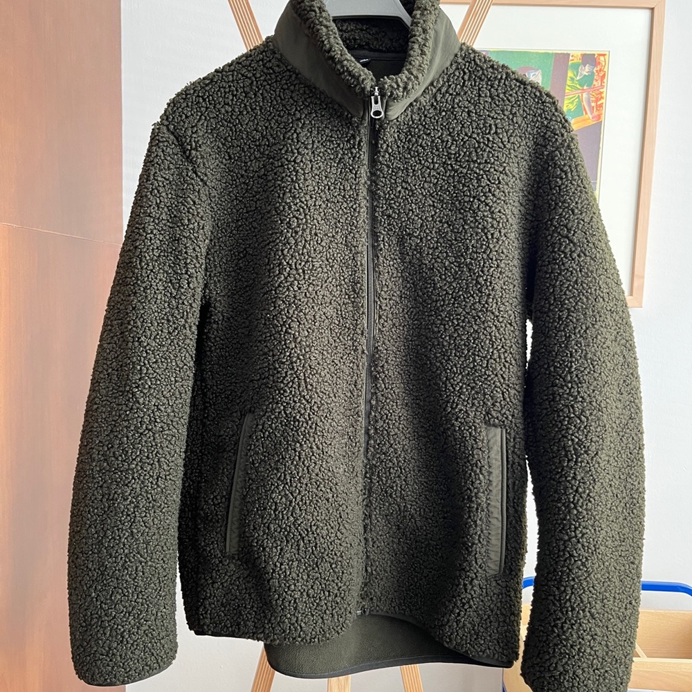 Uniqlo Mens large zip up teddy bear olive green fleece
